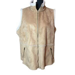 ORVIS Faux Suede & Fake Fur Trim Women's Plush Lined Winter Vest Zip Front XL